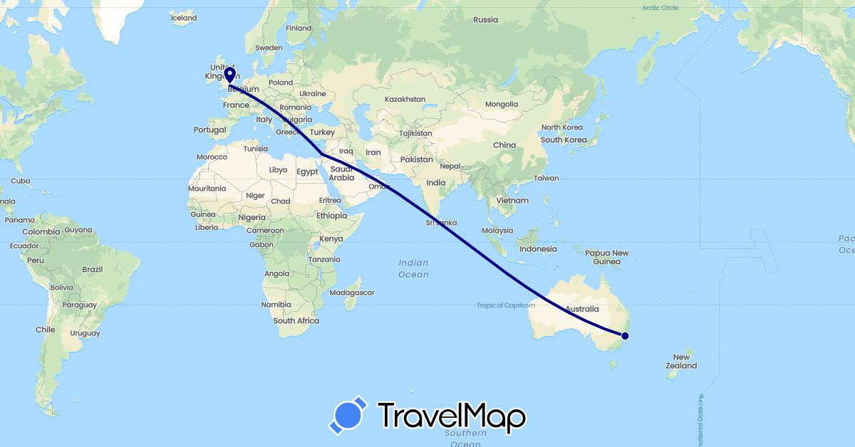 TravelMap itinerary: driving in Australia, United Kingdom, Israel (Asia, Europe, Oceania)